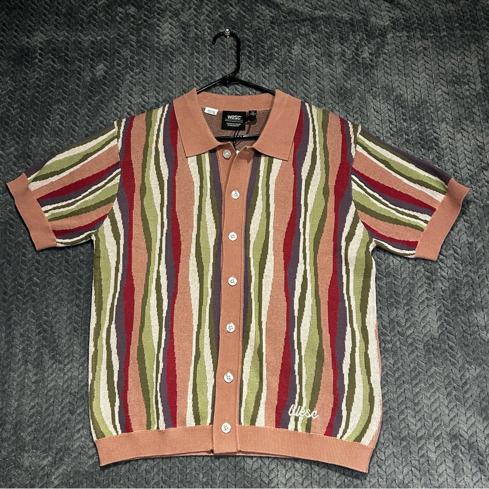 WESC‎ Men’s Wavy-Stripe Knit Polo Sweater in Rust & Olive Short Sleeve Size S